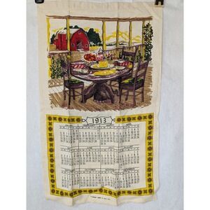 Vtg Mid Century Folk Art Tea Towel 1913 Calendar 1950s Linen Retro Kitchen